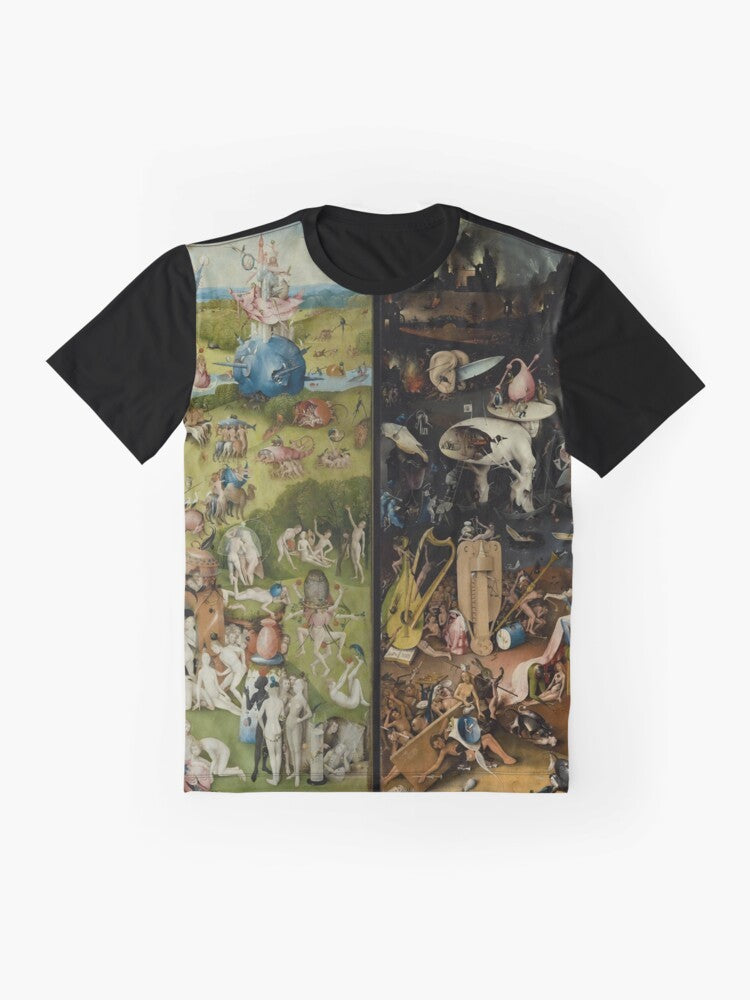 Graphic t-shirt featuring the famous Hieronymus Bosch painting "The Garden of Earthly Delights" - Flat lay