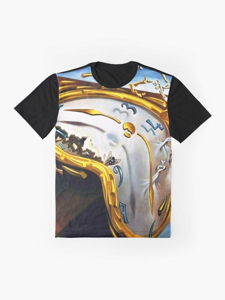 A t-shirt featuring a surreal graphic design inspired by the artwork of Salvador Dali - Flat lay