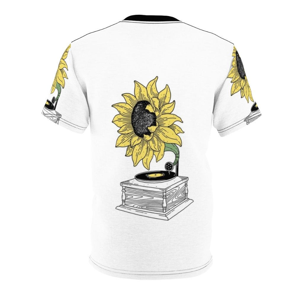 A t-shirt featuring a vintage-inspired illustration of sunflowers and a gramophone - Back