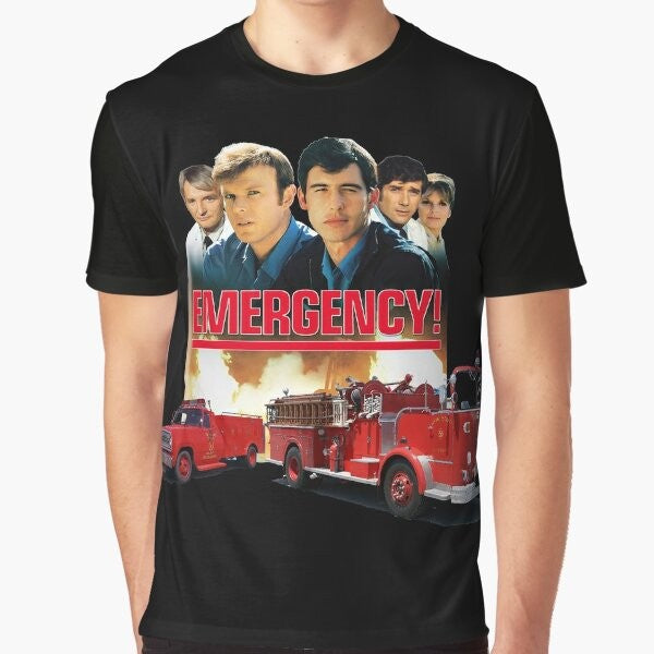 Retro Vintage Emergency! Tribute Graphic T-Shirt featuring paramedics and firefighters from the 1970s TV show.