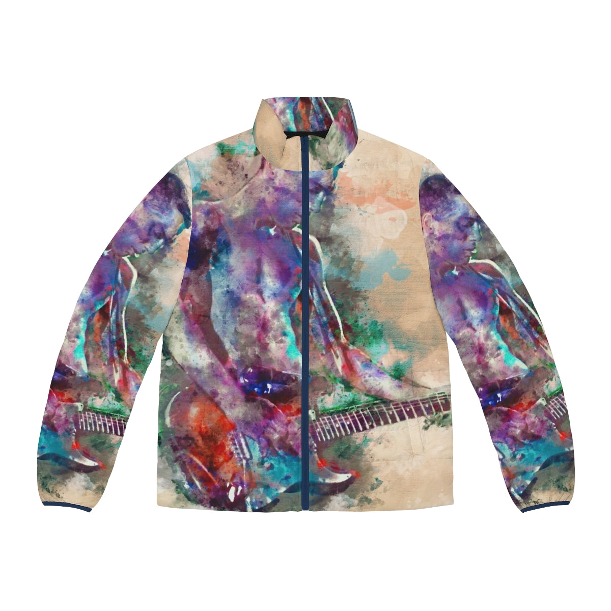 A vibrant, graphic puffer jacket featuring a guitar design, perfect for music lovers.