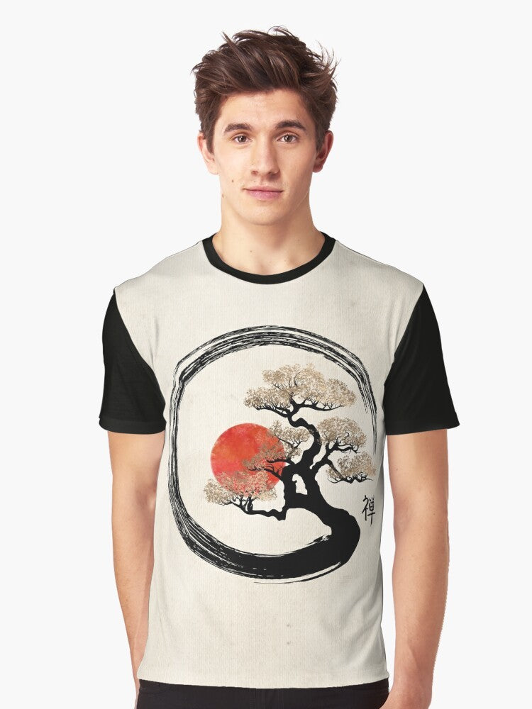 Minimalist graphic t-shirt featuring an enso circle and bonsai tree design. - Men