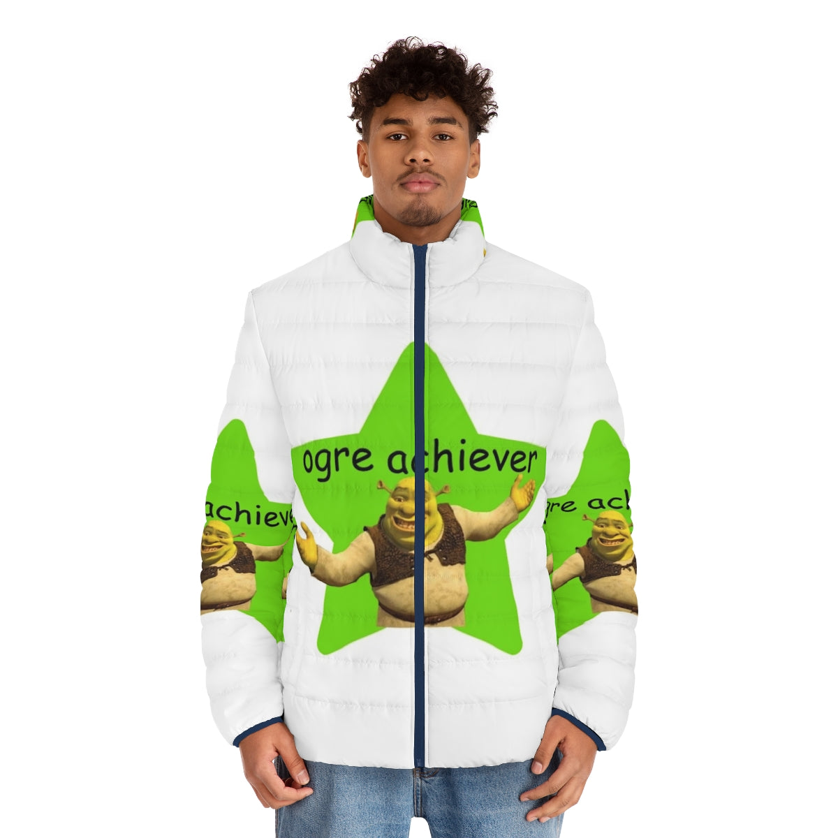 Shrek-inspired puffer jacket with playful design - men front