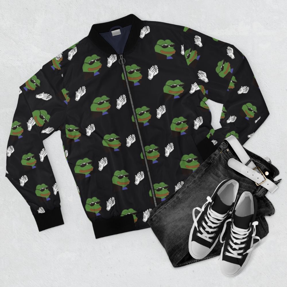 EZ Clap Bomber Jacket with Pepe the Frog and Sun Face Design for Gamers and Twitch Streamers - Flat lay