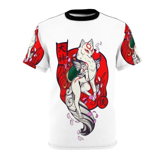 Watercolor design featuring iconic Okami elements like the red sun, sakura blossoms, and a wolf deity