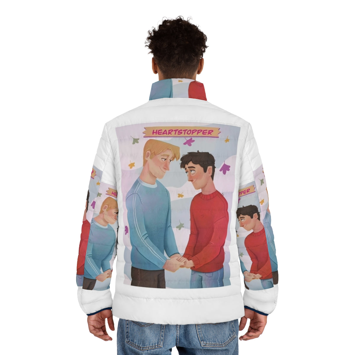 Heartstopper inspired puffer jacket featuring Charlie Spring and Nick Nelson character art - men back