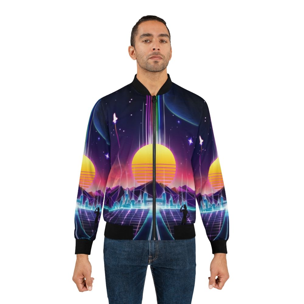 Neon Sunrise Bomber Jacket - Retro Cyberpunk Synthwave Style - Lifestyle