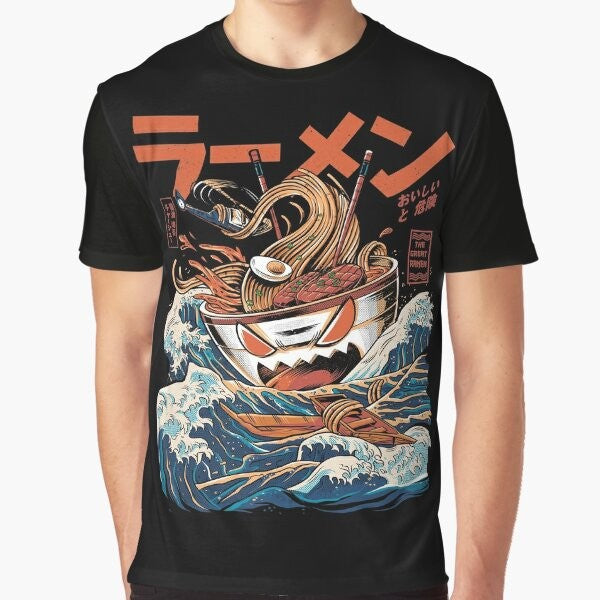 Anime-style t-shirt featuring a retro Japanese ramen and kaiju monster graphic design in blue, orange, and black.