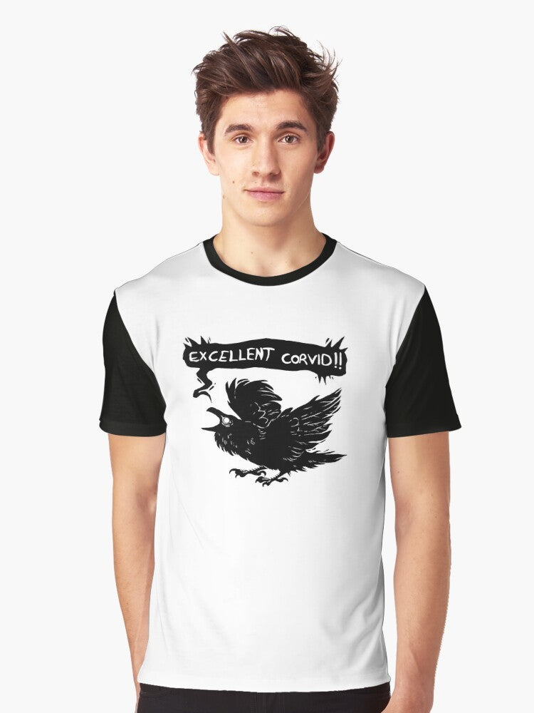 A graphic t-shirt featuring a stylized corvid (crow or raven) design in a dark, mystical style. - Men