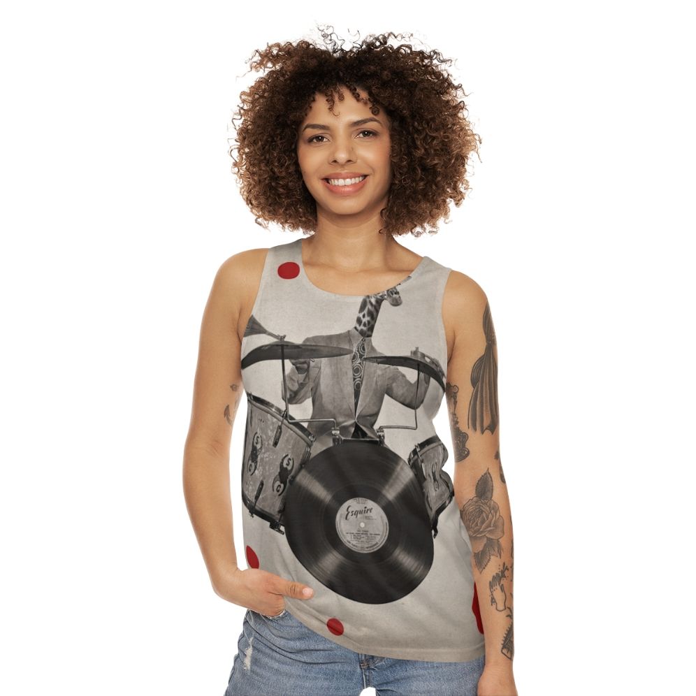 Surreal giraffe drummer anthropomorphic unisex tank top - women