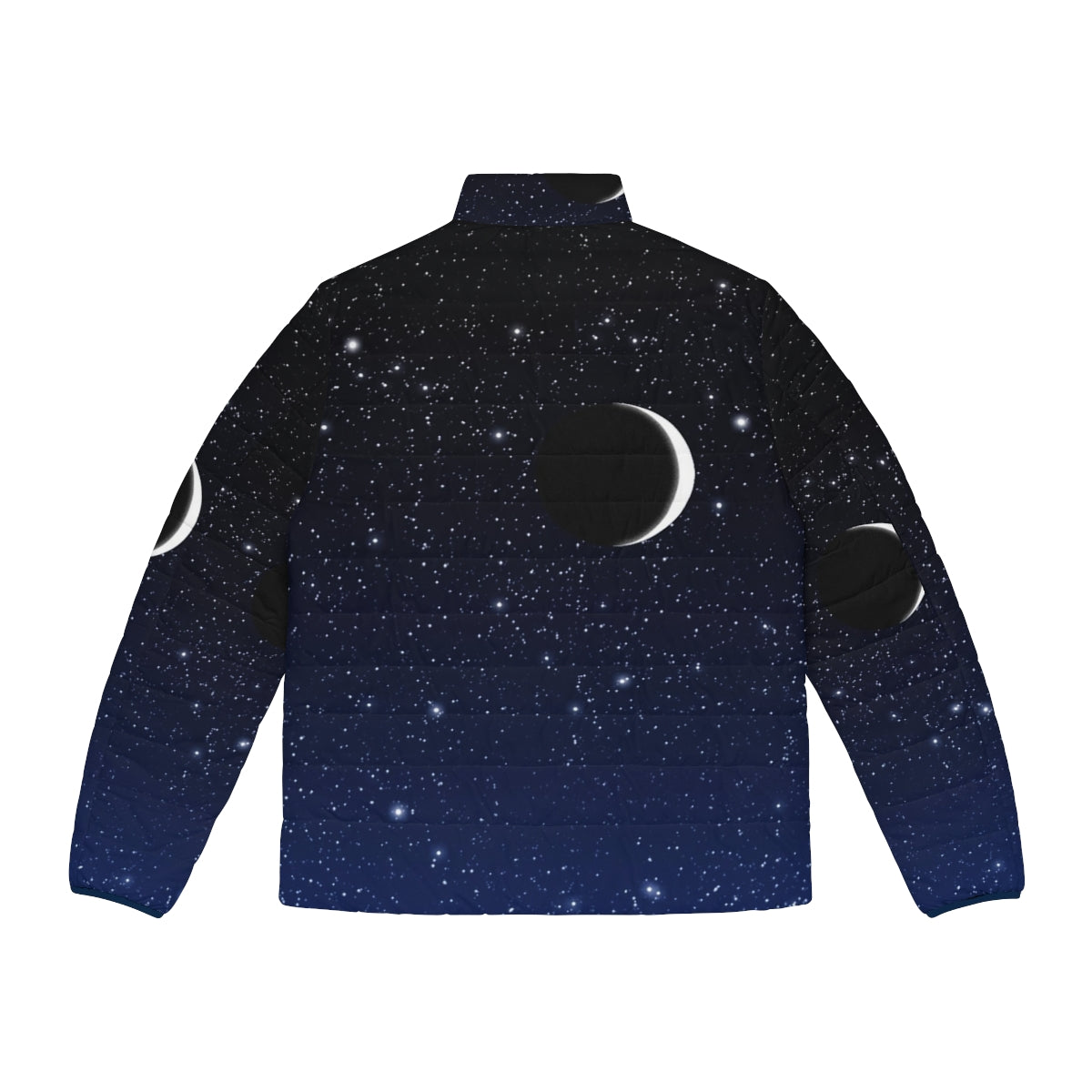 Midnight blue puffer jacket featuring a starry night sky and crescent moon design - Back