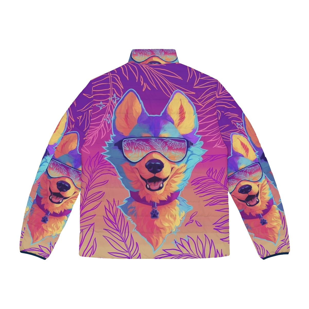 A vibrant and shimmering puffer jacket featuring an anthro sparkle dog design in a vaporwave aesthetic. - Back