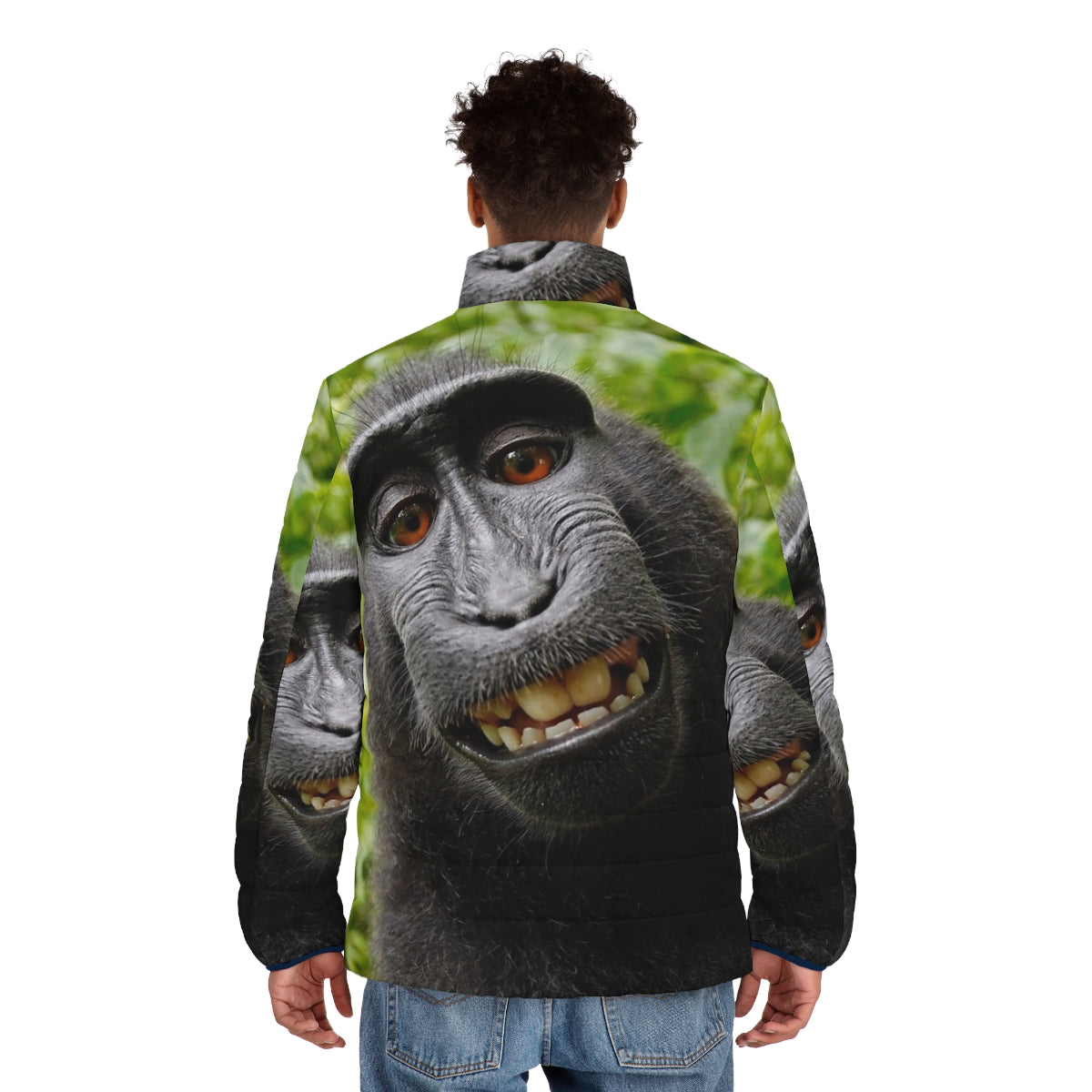 A cozy puffer jacket with a playful monkey design, perfect for outdoor adventures. - men back