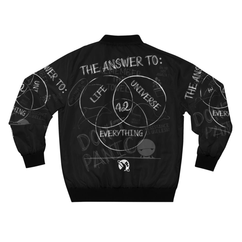 Hitchhiker's Guide to the Galaxy inspired bomber jacket featuring the number 42 and "Don't Panic" design - Back