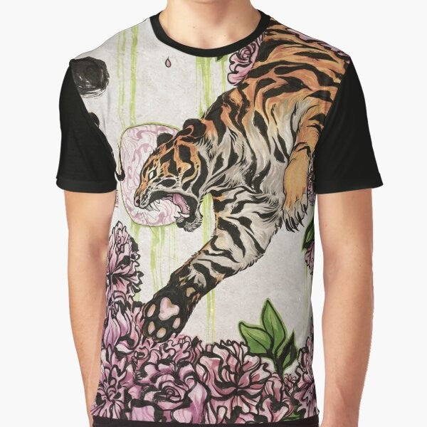 A graphic t-shirt featuring a tiger design with Chinese-inspired brush strokes and peonies.