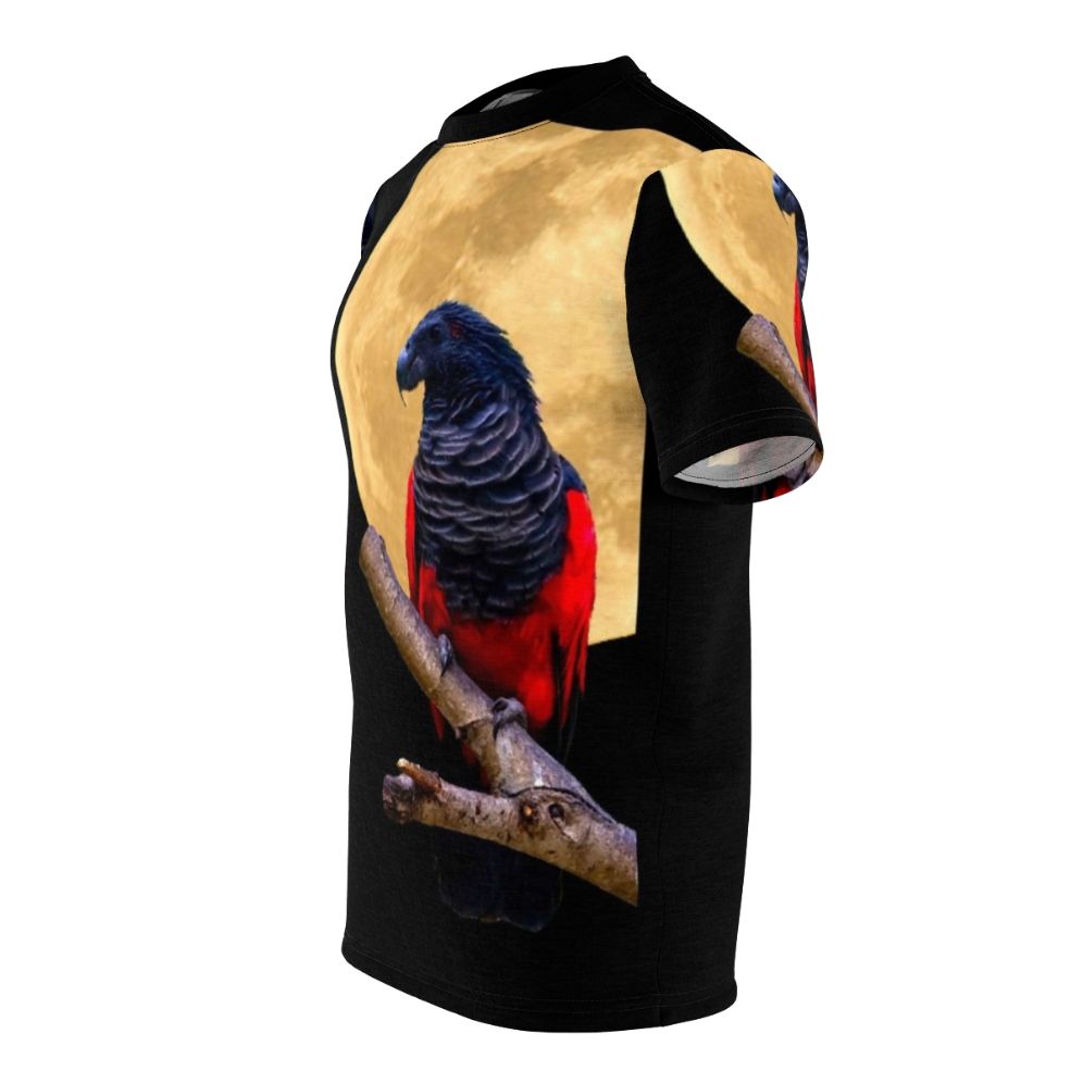 Illustration of a parrot wearing a Dracula costume against a crescent moon on a black t-shirt - men left