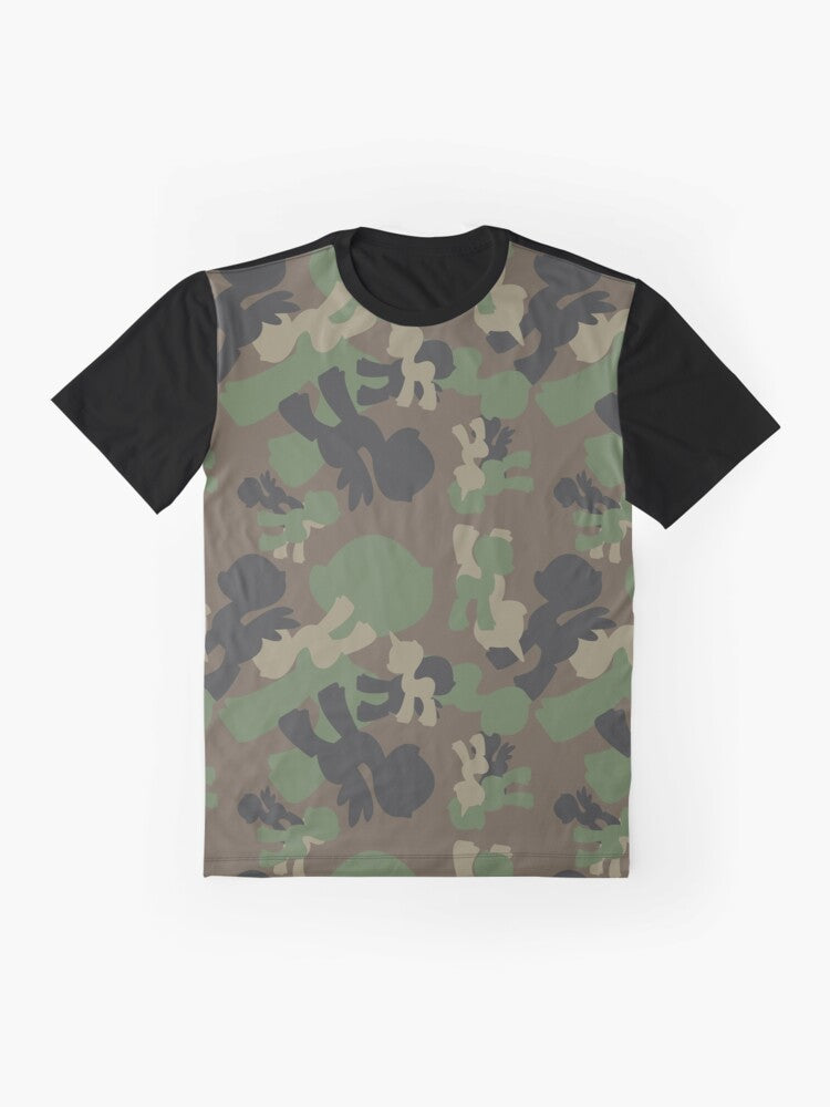 Military-inspired woodland camo graphic featuring a brony design on a t-shirt - Flat lay