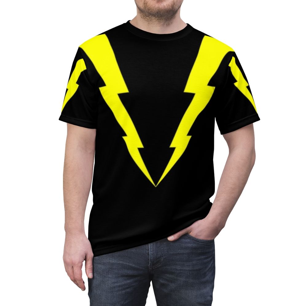 Electrifying lightning bolt design on a t-shirt for superhero and sci-fi fans. - men front