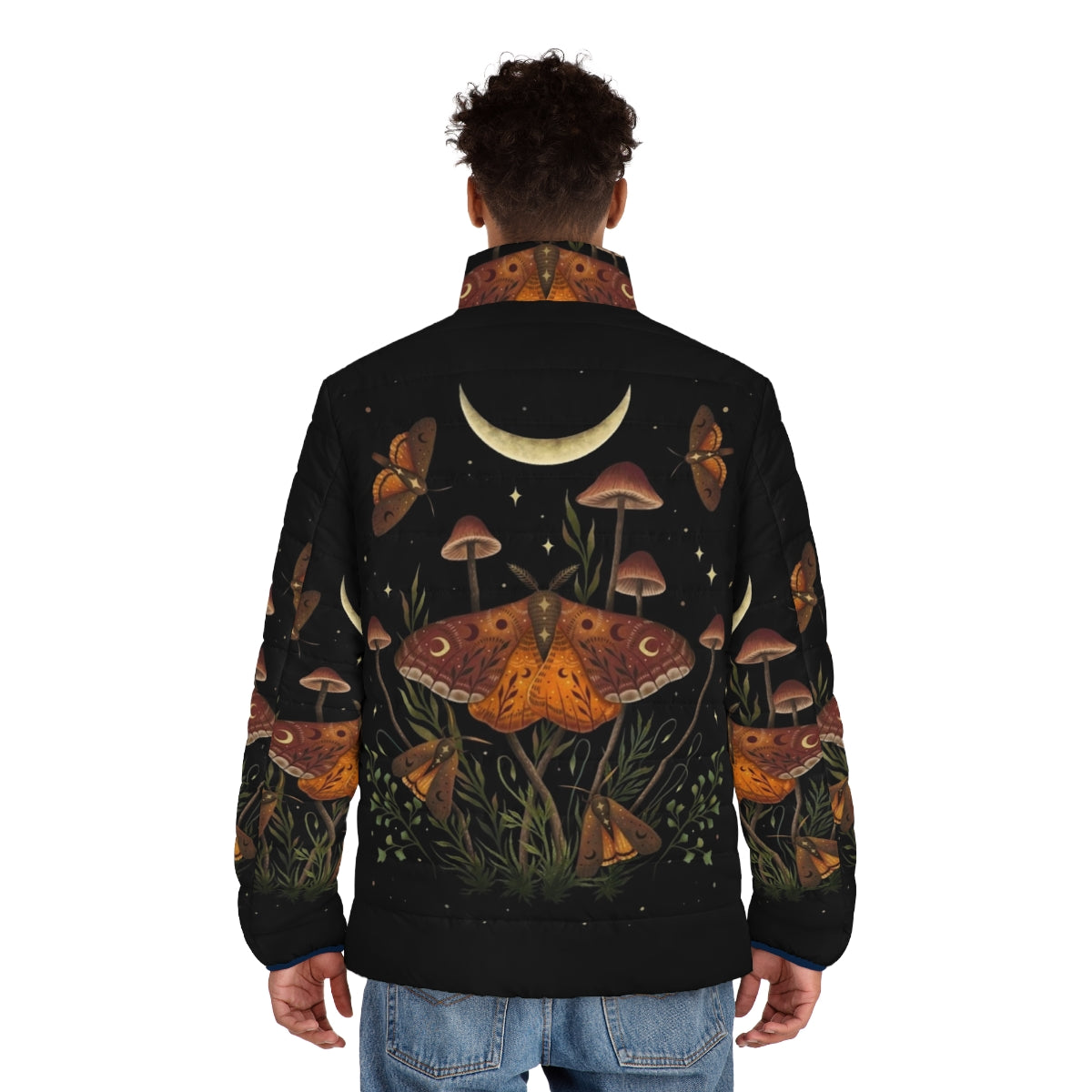 Autumn Light Underwing Puffer Jacket featuring a nature-inspired insect design - men back