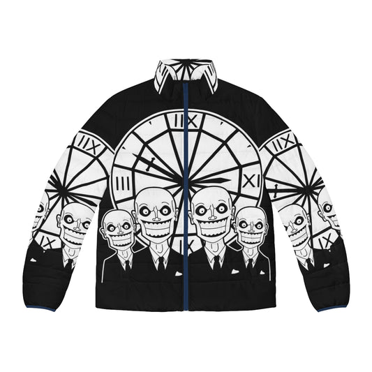 The Gentlemen Clocktower Puffer Jacket featuring a spooky graphic design inspired by Buffy the Vampire Slayer