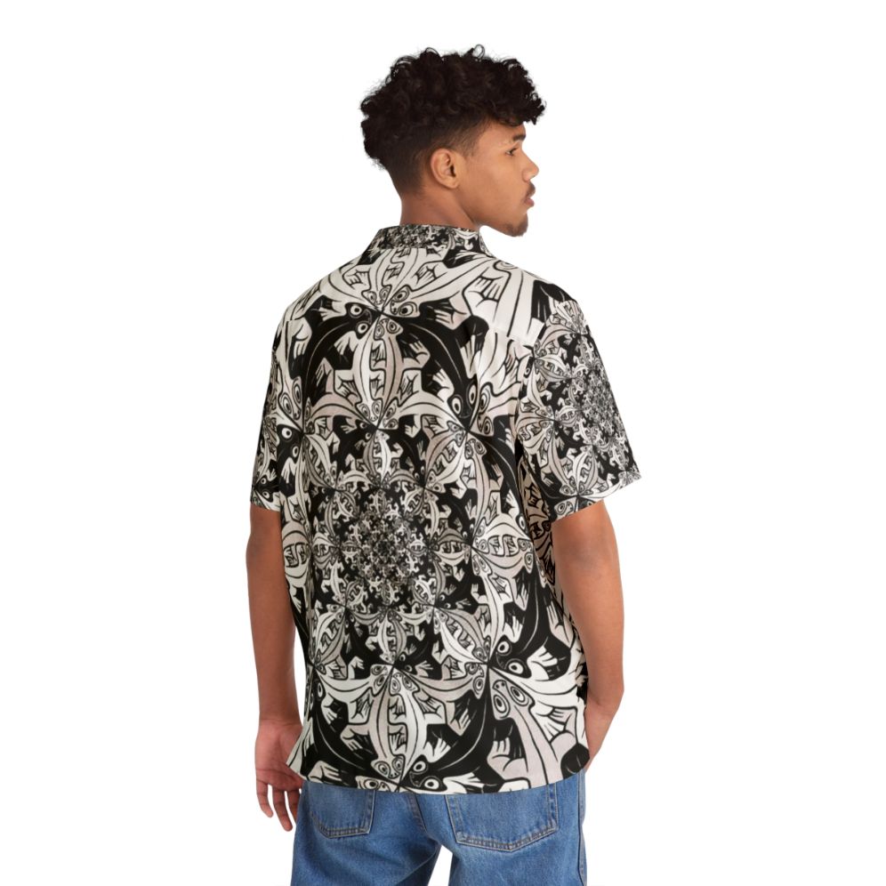 M C Escher inspired Hawaiian shirt with surreal graphic patterns - People Back