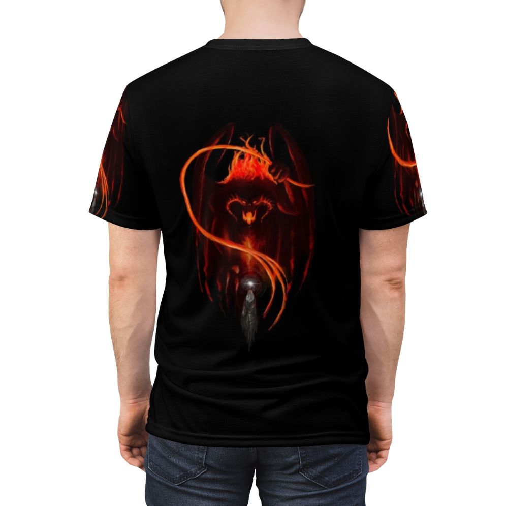 Balrog fantasy t-shirt with dark, epic imagery inspired by Lord of the Rings - men back