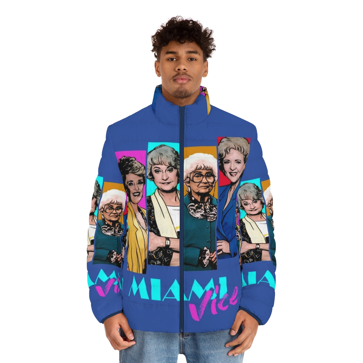 Model wearing the Miami Vice inspired 80s style puffer jacket - men front