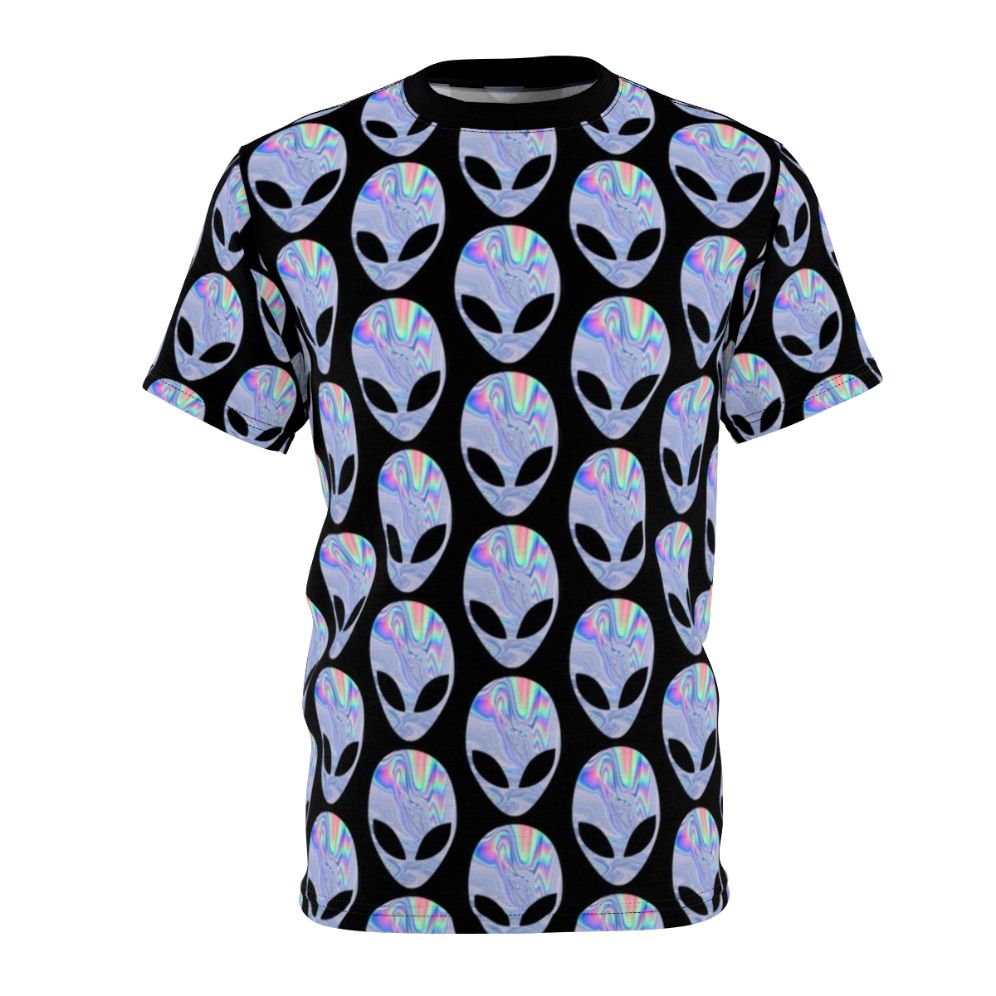 Cosmic holographic alien t-shirt with psychedelic space design