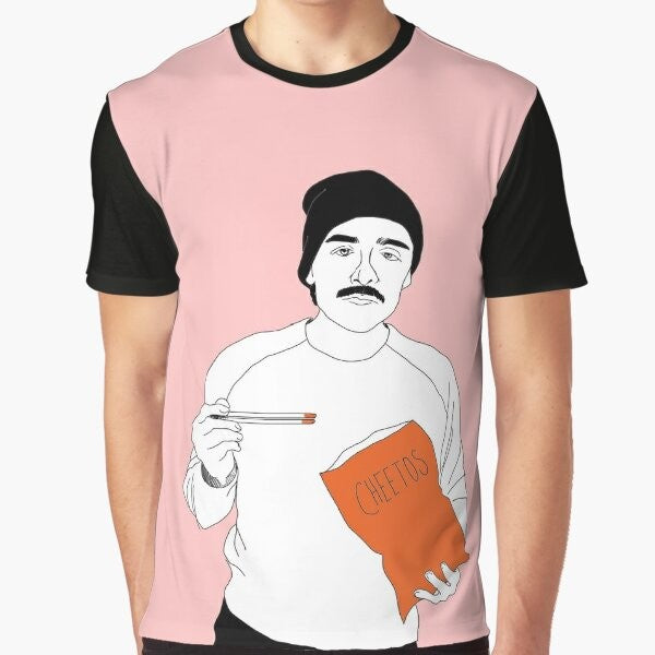 Graphic t-shirt with an image of Oscar Isaac eating Cheetos with chopsticks