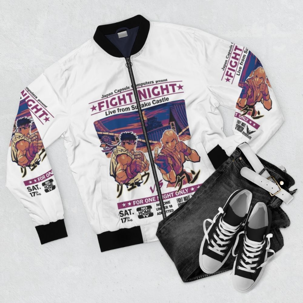 Retro Street Fighter-inspired bomber jacket with game character graphics - Flat lay