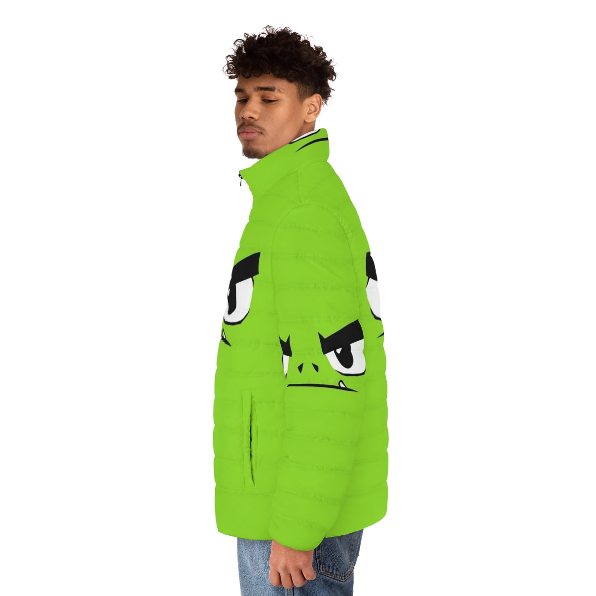 Beast Boy-inspired puffer jacket with a fierce, green monster design - men side left