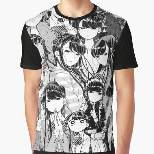 Komi San, the silent and beautiful goddess, featured on a black and white graphic t-shirt.