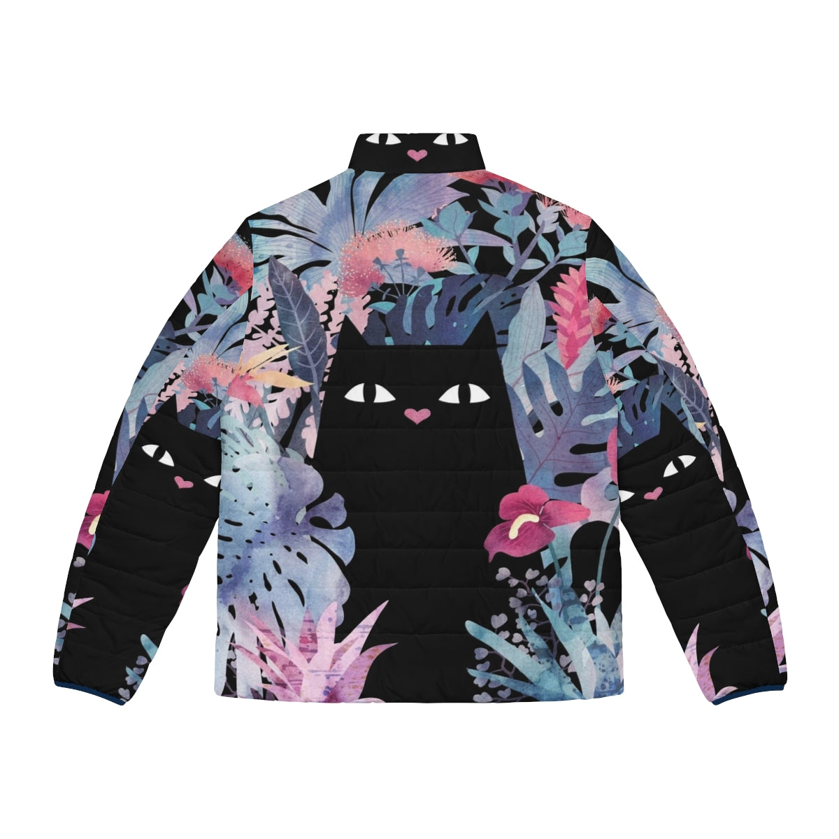 Pastel black velvet puffer jacket with tropical floral design featuring a black cat - Back