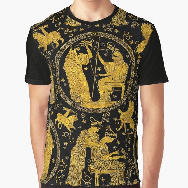 Ancient Greek art inspired graphic t-shirt with mythology and history elements