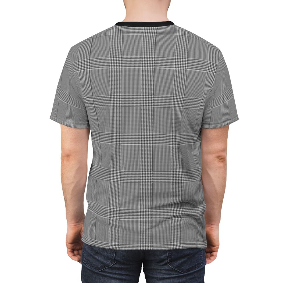 Model wearing a sophisticated glen plaid t-shirt for a classic, business-casual look. - men back