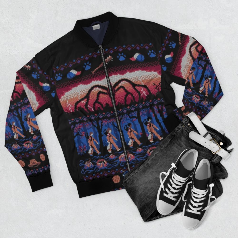 Stranger Things inspired ugly Christmas sweater bomber jacket with mind flayer design - Flat lay