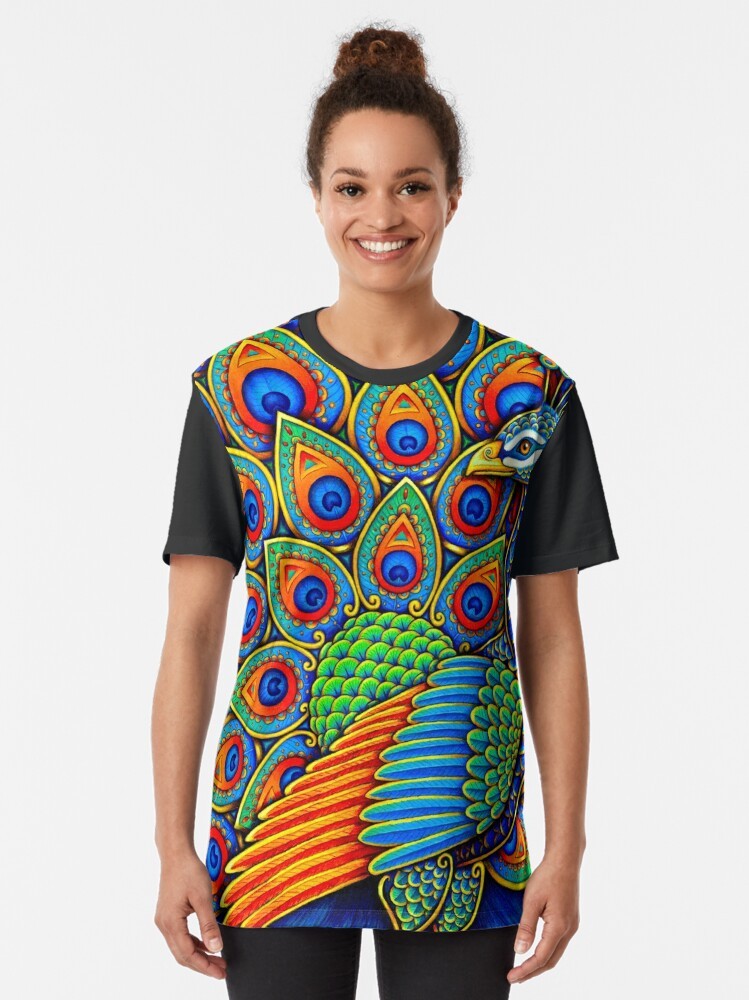 Colorful paisley peacock and rainbow graphic design on a t-shirt - Women