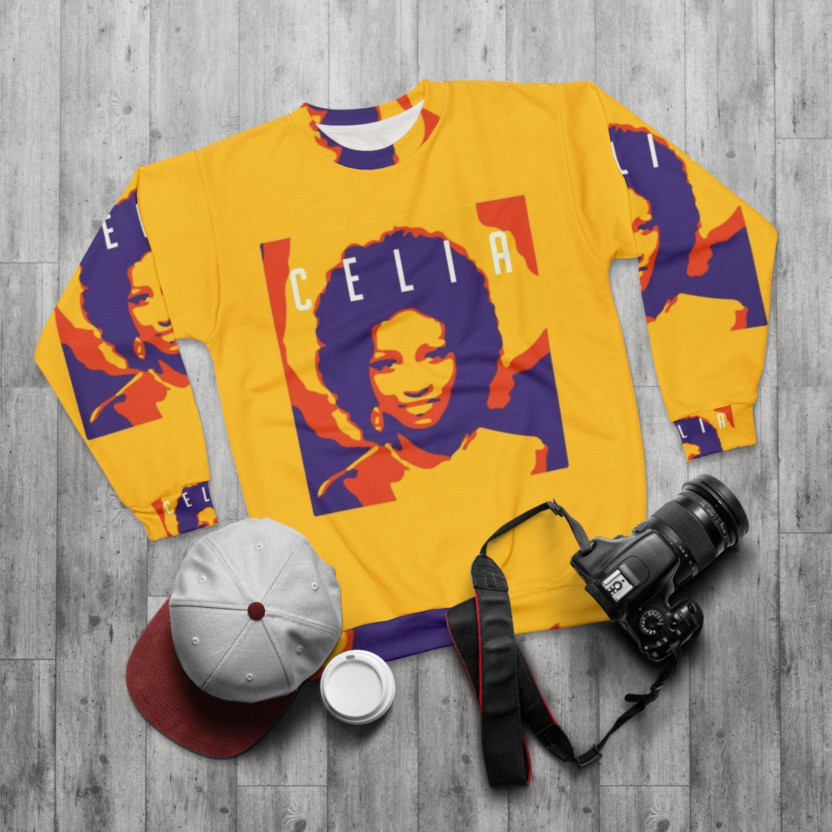 Celia Cruz-inspired latin pop art sweatshirt - flat lay