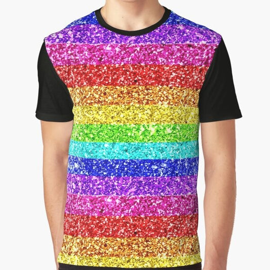 Colorful rainbow glitter graphic t-shirt with pride and LGBTQ+ design