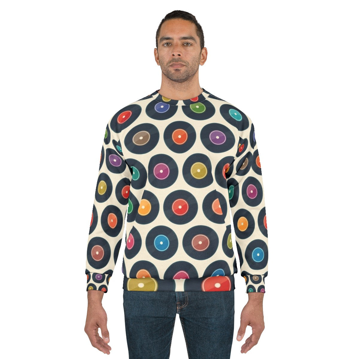 Vintage-style sweatshirt featuring a collection of classic vinyl records - men