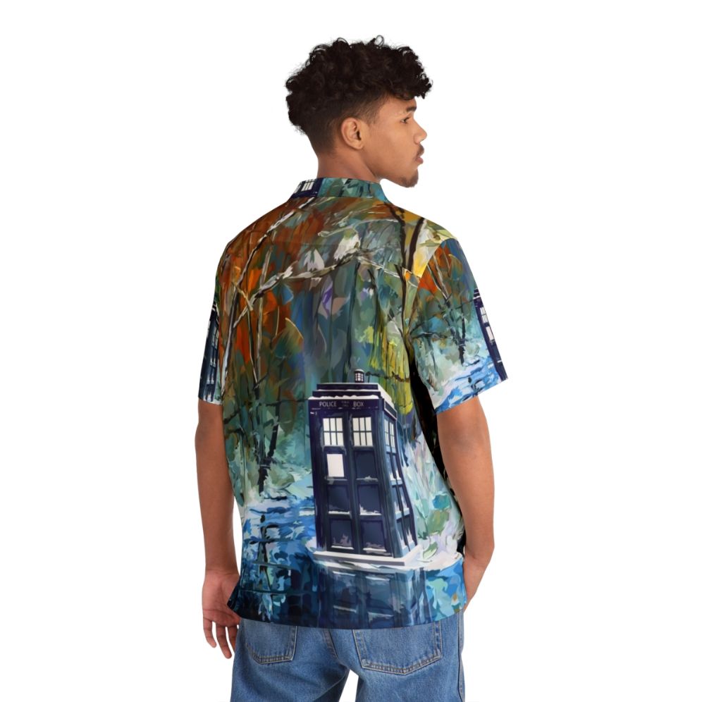 Blue Phone Booth Hawaiian Shirt with Winter Wonderland Scenery - People Back