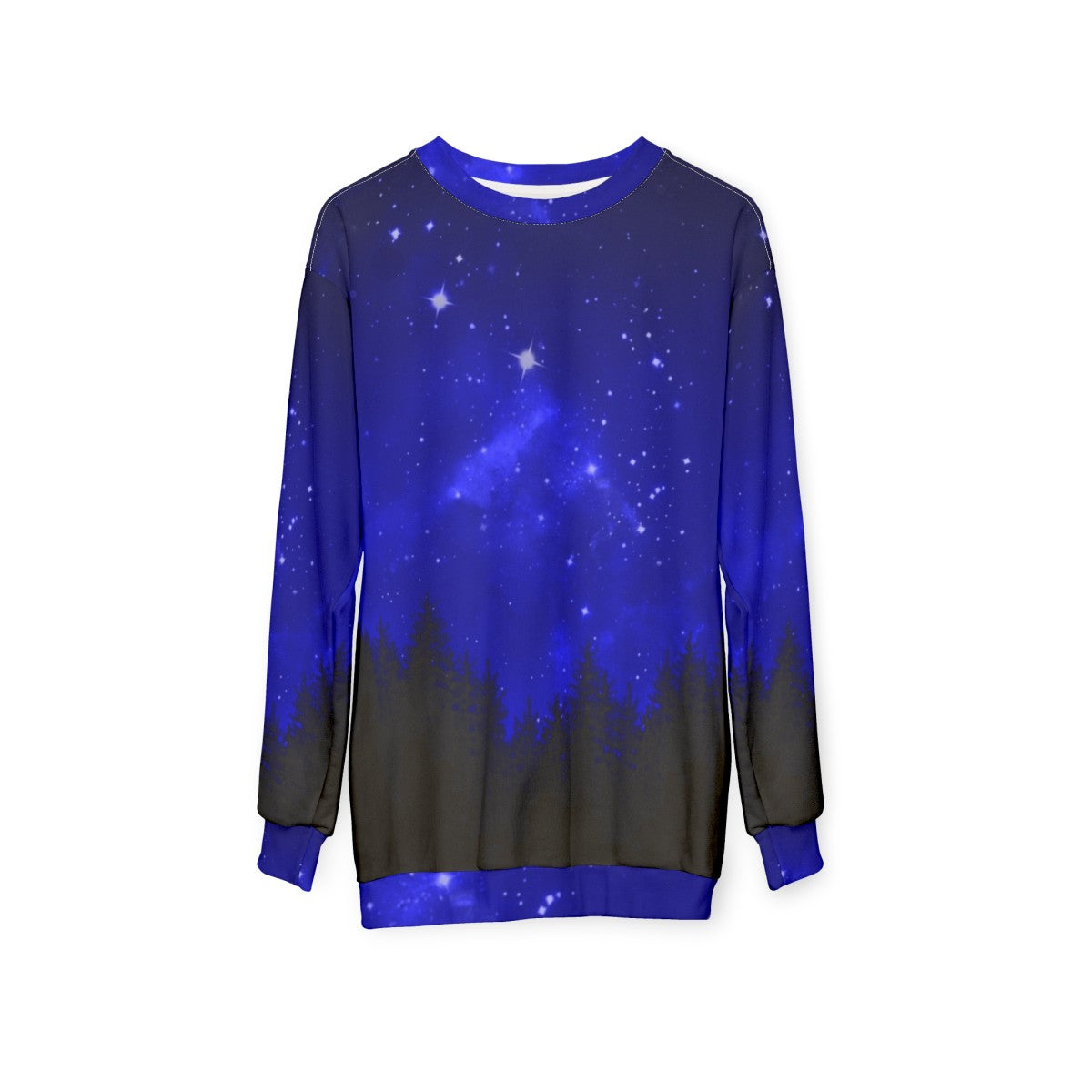 Blue galaxy forest night sky sweatshirt with trees and mountains - hanging