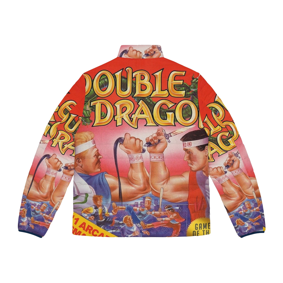 Double Dragon inspired puffer jacket with retro video game graphics - Back