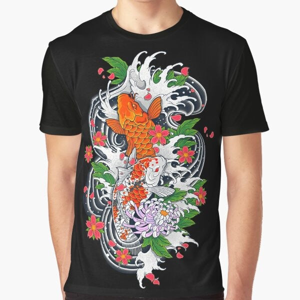 Artistic and unique koi fish pond graphic t-shirt with Japanese-inspired design