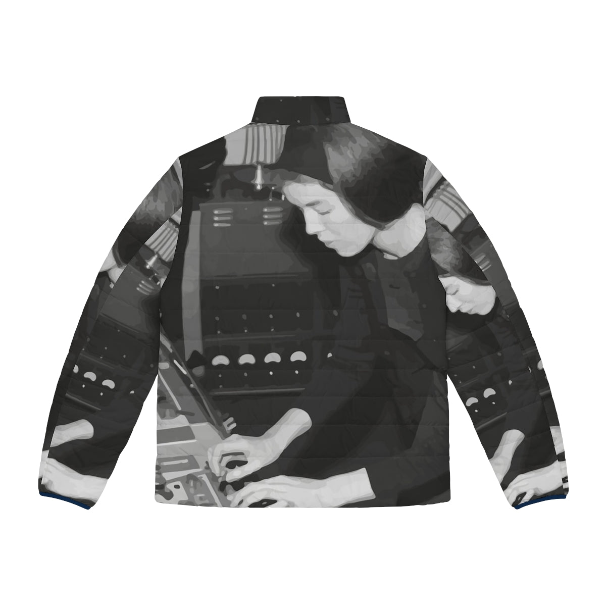 Delia Derbyshire themed puffer jacket with electronica and experimental music inspired design - Back