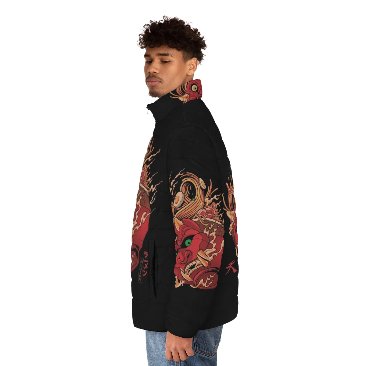 Man wearing Gekido Ramen Puffer Jacket with Japanese demon and ramen graphics - men side left