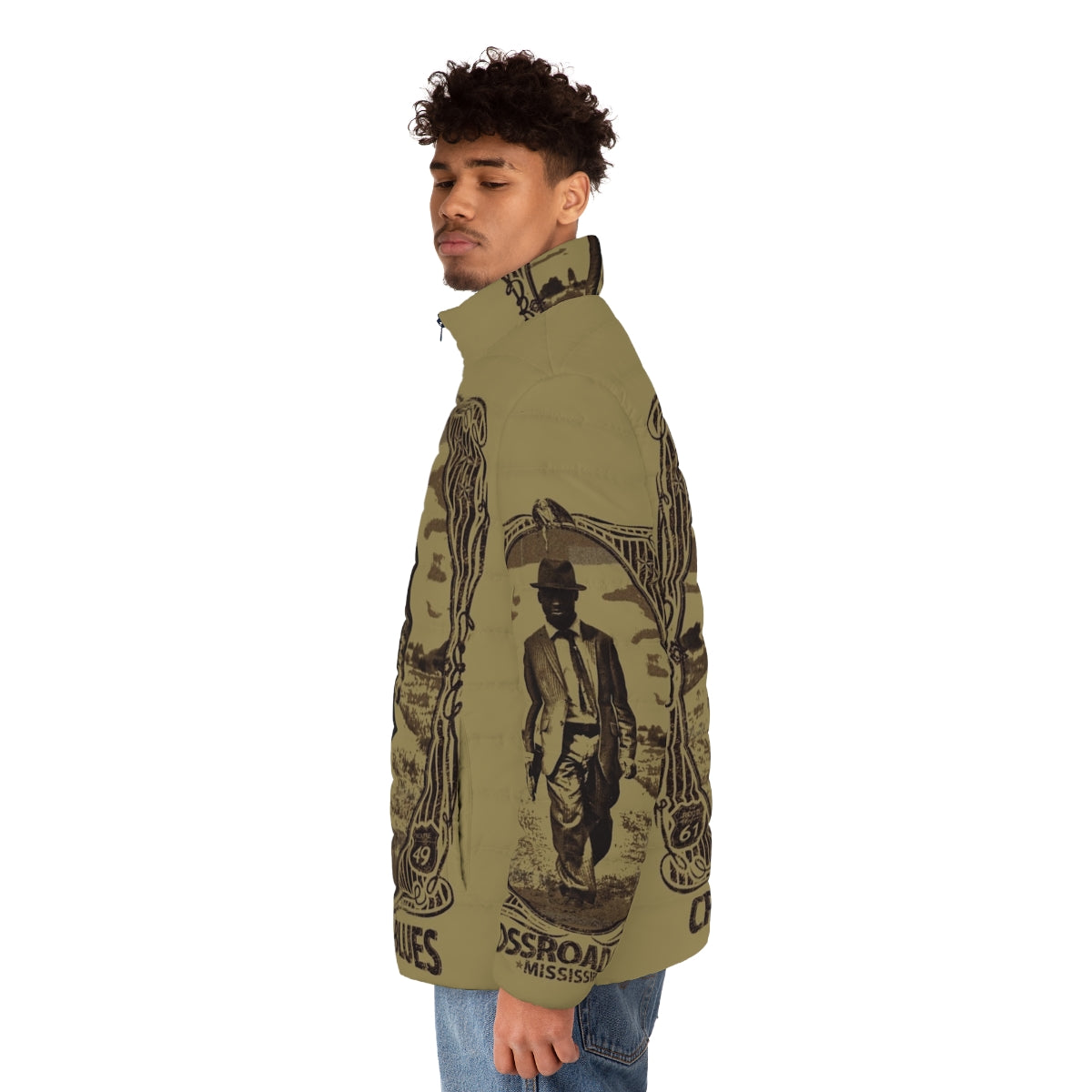 Crossroad Blues Puffer Jacket featuring Robert Johnson and Muddy Waters inspired design - men side left