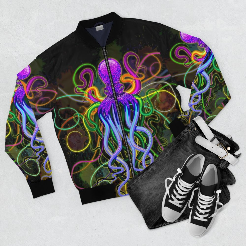 Colorful psychedelic octopus design on a bomber jacket with luminescent effects - Flat lay