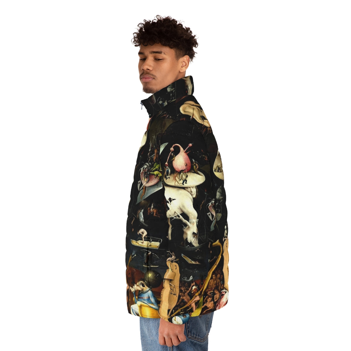 Hieronymus Bosch inspired puffer jacket featuring surreal, religious imagery from the Garden of Earthly Delights - men side left