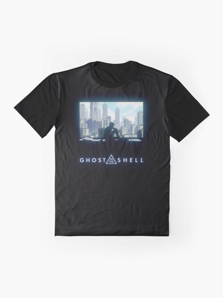 Ghost in the Shell cyberpunk graphic t-shirt featuring the iconic window design from the anime/manga series - Flat lay